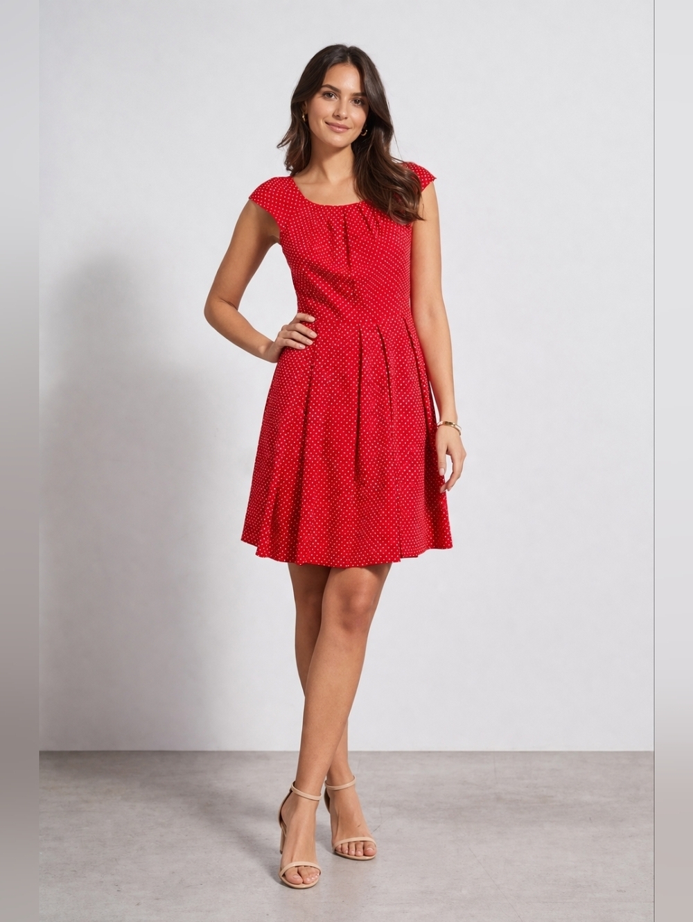 Le Chateau Red & White Polka Dot Dress Cap Sleeve Fit & Flare